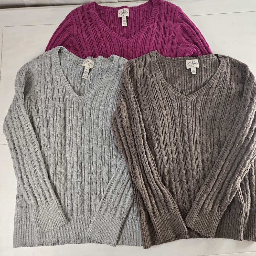 St. Johns Bay Lot Of 3 Cable Knit Sweaters Size XL Fuschia, Taupr And Gray